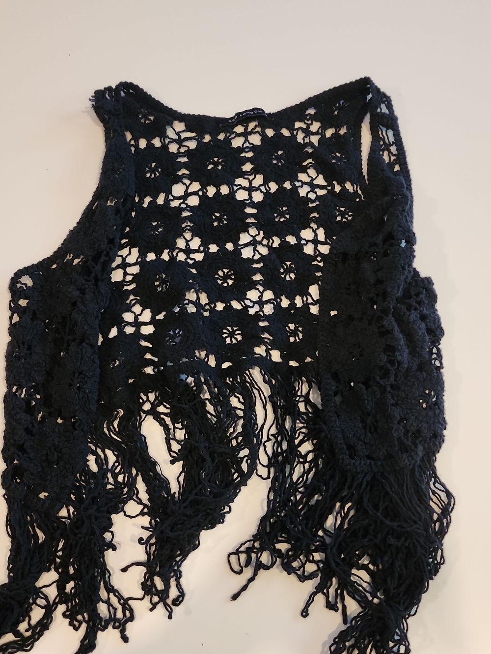 QED London Black Crochet Fringe Tank Vest
